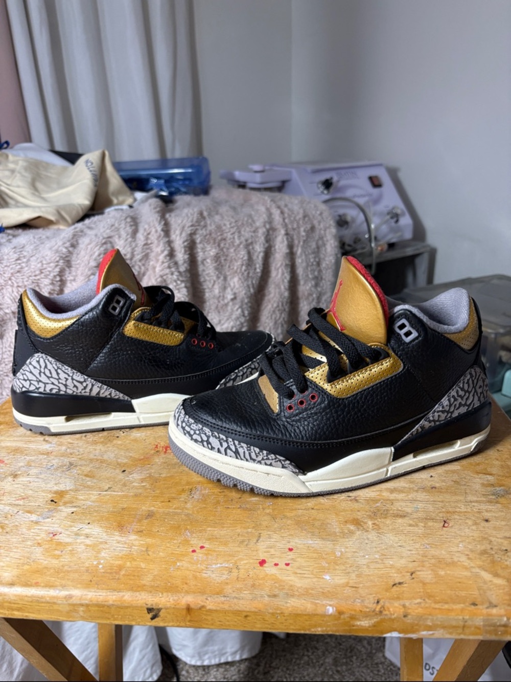 Jordan Kids Black & Gold Retro Style Sneakers with Red Trim